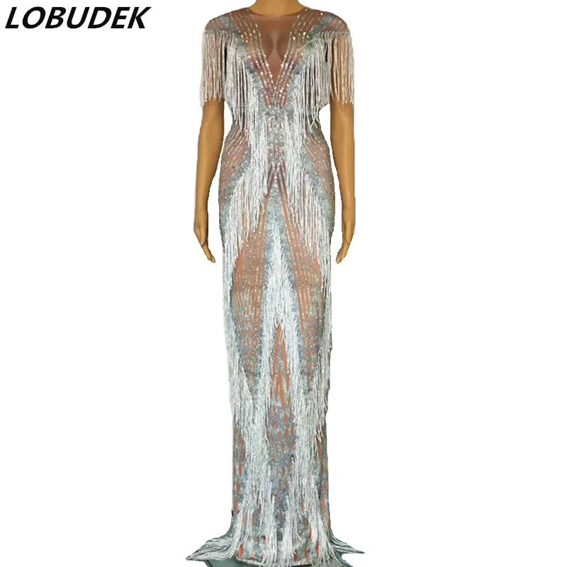 Sexy Sleeveless Sparkly Rhinestones Tassels Long Dress Evening Party Stage Women Singer Host Performance Dress Birthday Dresses
Sexy Sleeveless Sparkly Rhinestones Tassels Long Dress Evening Party Stage Women Singer Host Performance Dress Birthday Dresses
