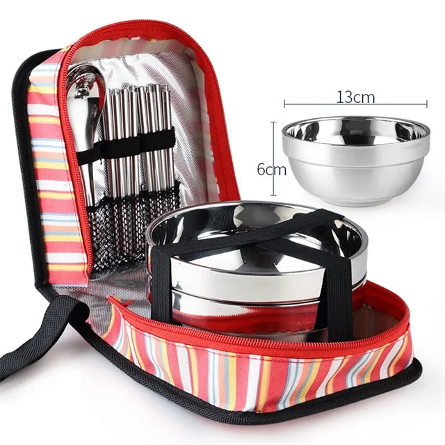 Tri-polar Stainless Steel Tableware Set Bowls Fork Spoons Chopsticks with Storage Bag for Camping Sadoun.com