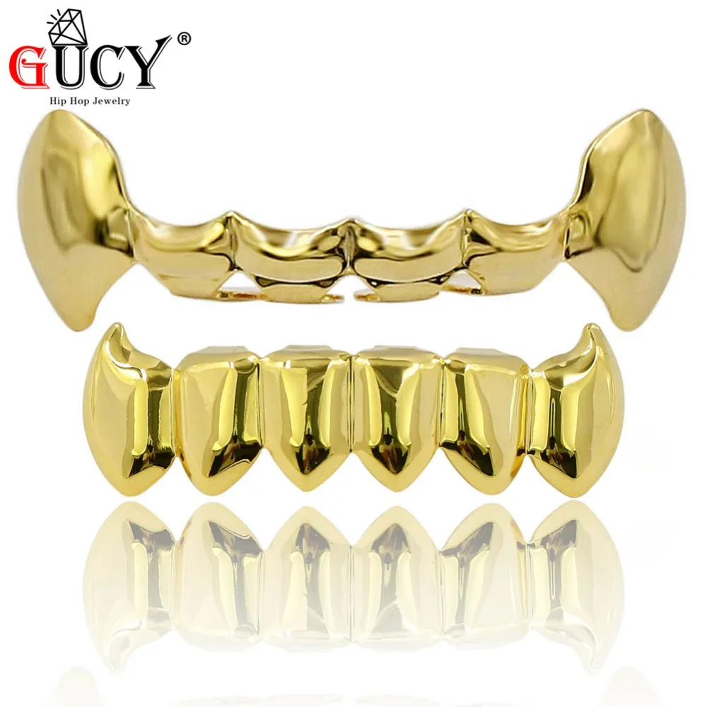 

GUCY New Custom Fit Hip Hop Teeth Grills Caps Gold Color Plated Half Fang Top & Solid Fangs Bottom Grillz Vampire Set.Gift Party