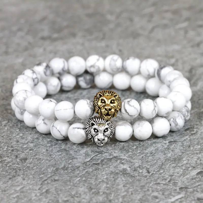 Gold Silver Lion Men Bracelets Antique Wholesale 8mm White Howlite Natural Stone Bead Hand Leo Buddha Skull Head Bracelets Homme
Gold Silver Lion Men Bracelets Antique Wholesale 8mm White Howlite Natural Stone Bead Hand Leo Buddha Skull Head Bracelets Homme