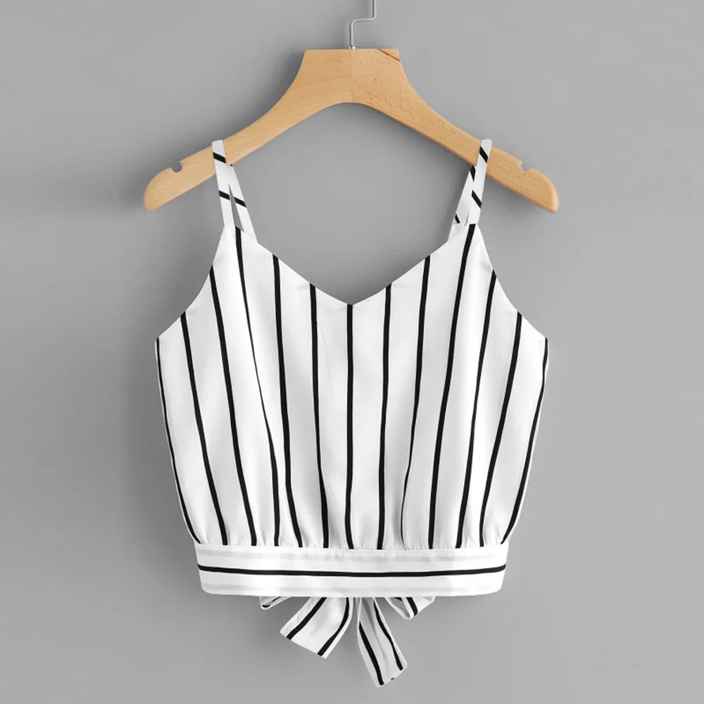 

Fashion Sexy Women Crop Tops Striped Tie Back Cami Casual Spaghetti Strap Bow Vest Knot Cropped Tank Tops Vest cropped feminino