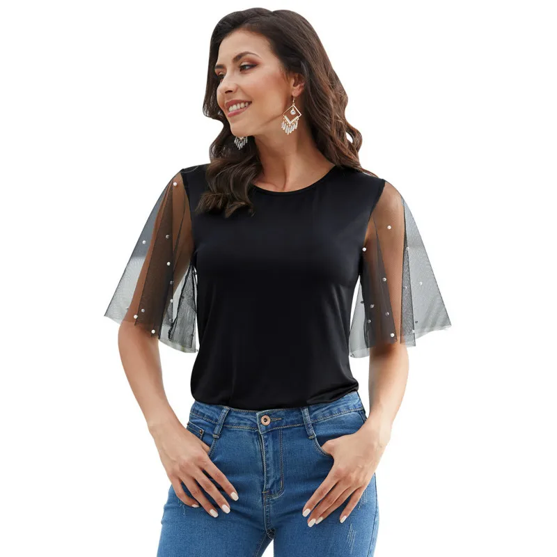 CHRLEISURE Summer Retro T Shirt Mesh Flare Sleeve Tshirt Round Neck Loose Breathable T Shirt Women Stitching Bead Coat
CHRLEISURE Summer Retro T Shirt Mesh Flare Sleeve Tshirt Round Neck Loose Breathable T Shirt Women Stitching Bead Coat