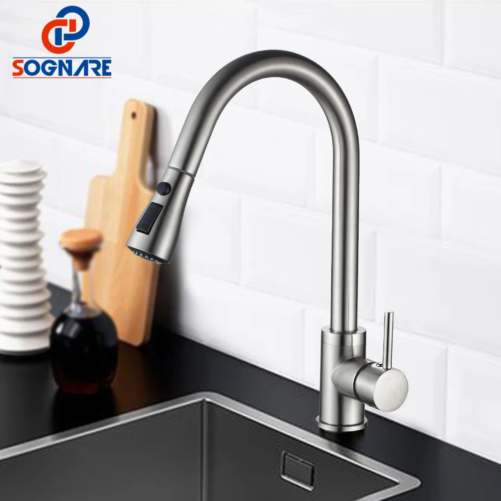 Фото SOGNARE Pull Out Kitchen Faucet Newly Design 360 Swivel Solid Brass Hot and Cold Single Hole Handle Water Tap Sink Mixer | Строительство