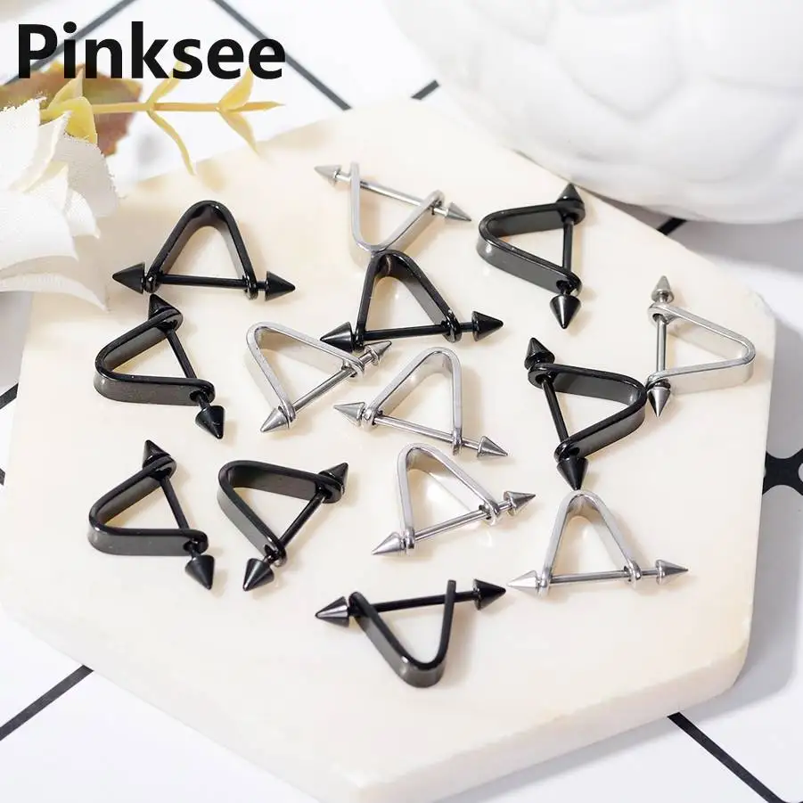 

316L Surgical Steel Spike Piercing Nipple Ring Bar Body Jewelry 1PC Triangle Barbell Ear Cartilage Studs Black Silver Color