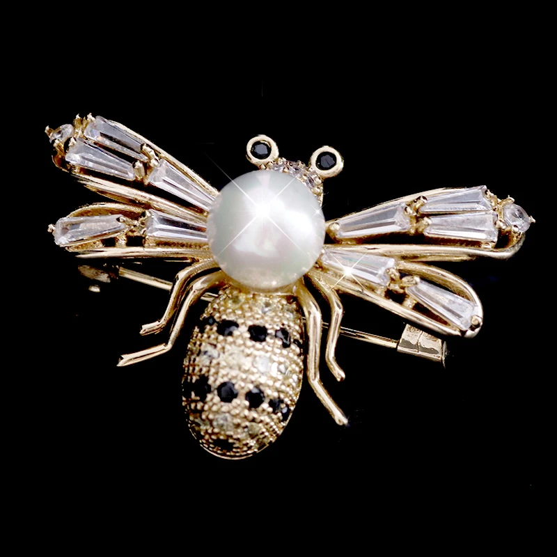 Retro Bee Brooches for Women Girls Fashion Antique Gold Tone Alloy Red CZ Crystal Rhinestone Pearl Honey Bumble Bees Brooch Pins Neck Bow Tie Necktie Dress Accessories Insect Jewelry Unique Gifts
