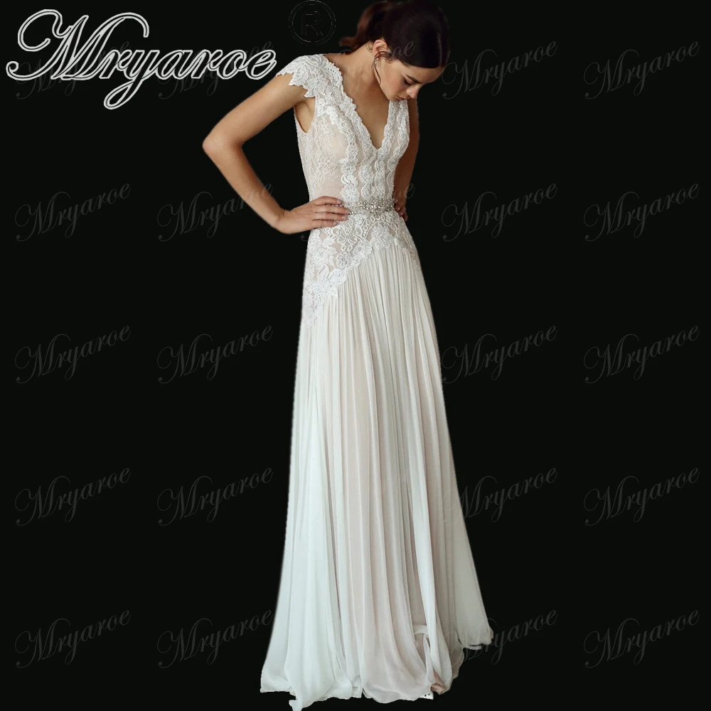Mryarce New Elegant V Neck Lace Beading Open Back Wedding Dress Bridal Gowns With Rhinestone Belt (2)