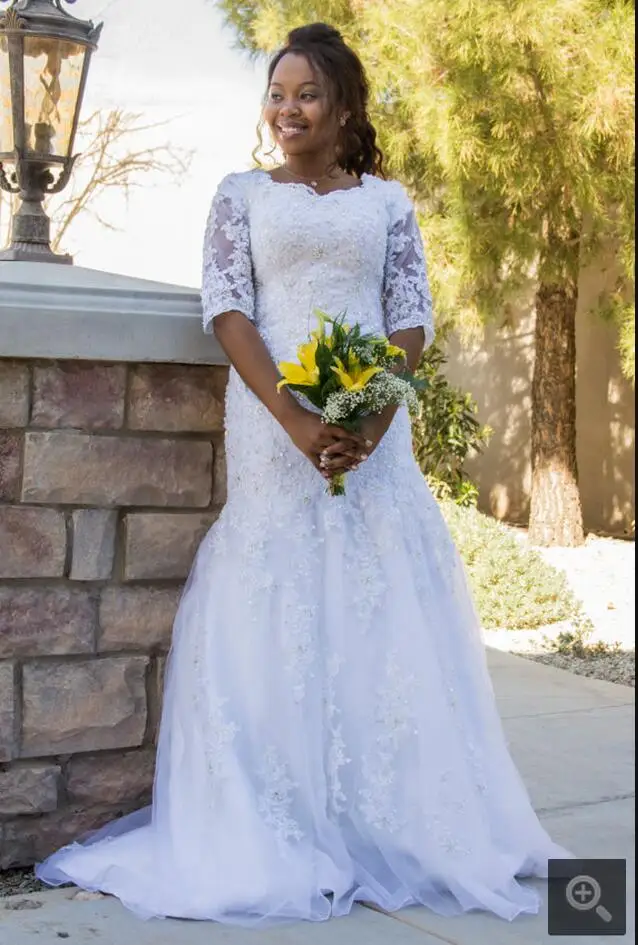 2016 Beaded Lace Appliques White Mermaid Wedding Dresses Modest With Half Sleeves back Buttons Vestidos De Novia On Sale
2016 Beaded Lace Appliques White Mermaid Wedding Dresses Modest With Half Sleeves back Buttons Vestidos De Novia On Sale