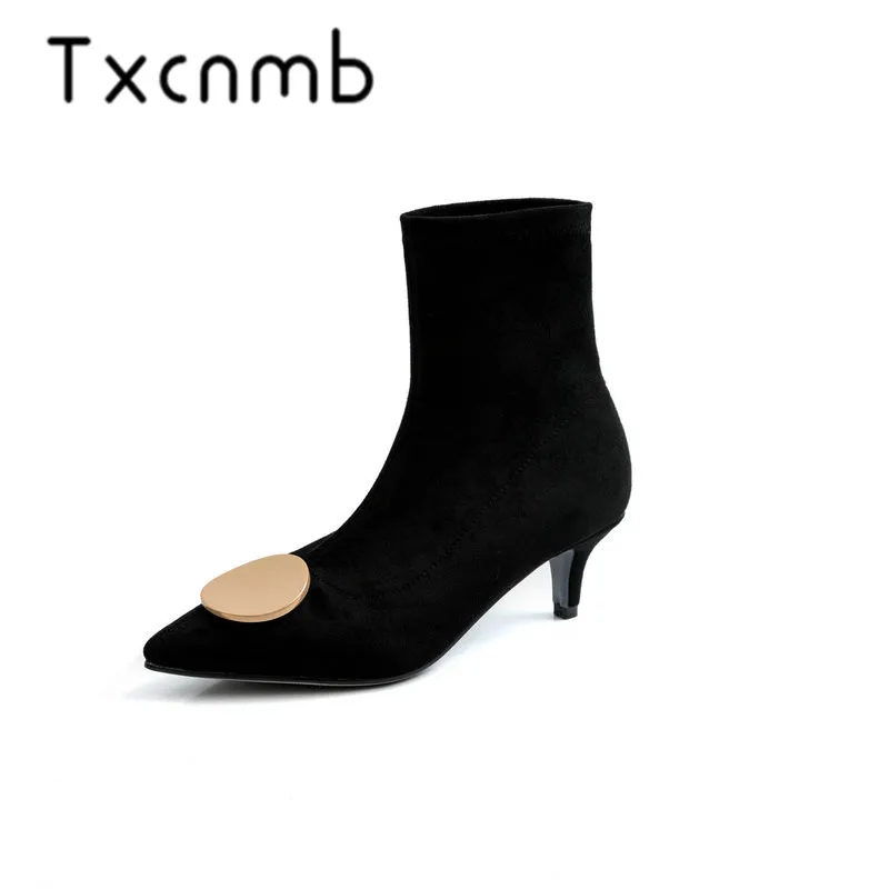 TXCNMB 2020 Boots Women Ankle for Winter Cow Suede Leather High Heel Black Shoes Woman Pointed Toe | Обувь
