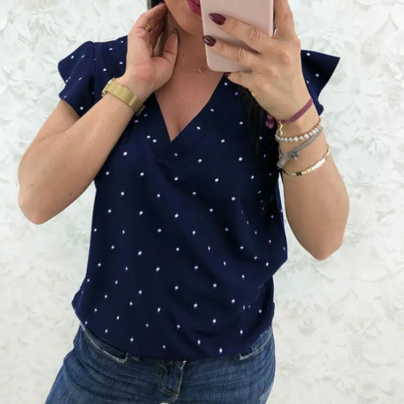 Women Short Sleeve V Neck Polka Dot Print Chiffon Blouse Casual Summer Solid Blouse Tops 
Women Short Sleeve V Neck Polka Dot Print Chiffon Blouse Casual Summer Solid Blouse Tops