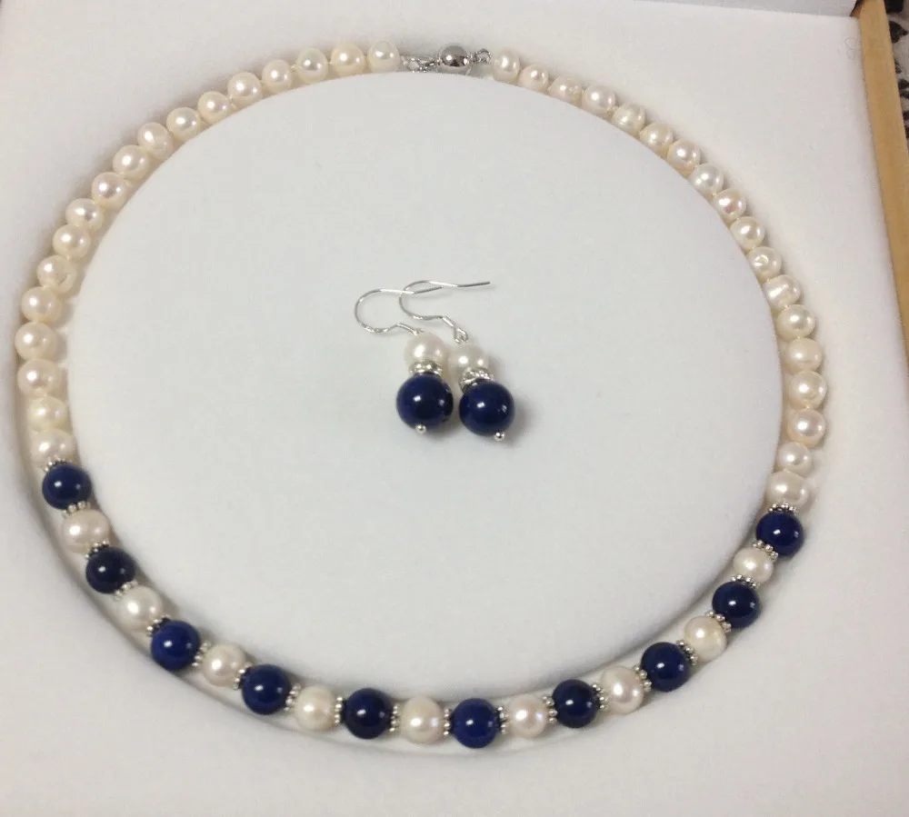 Genuine 7-8MM Natural White Pearl/Lapis Lazuli Round Beads Necklace + Earrings | Украшения и аксессуары