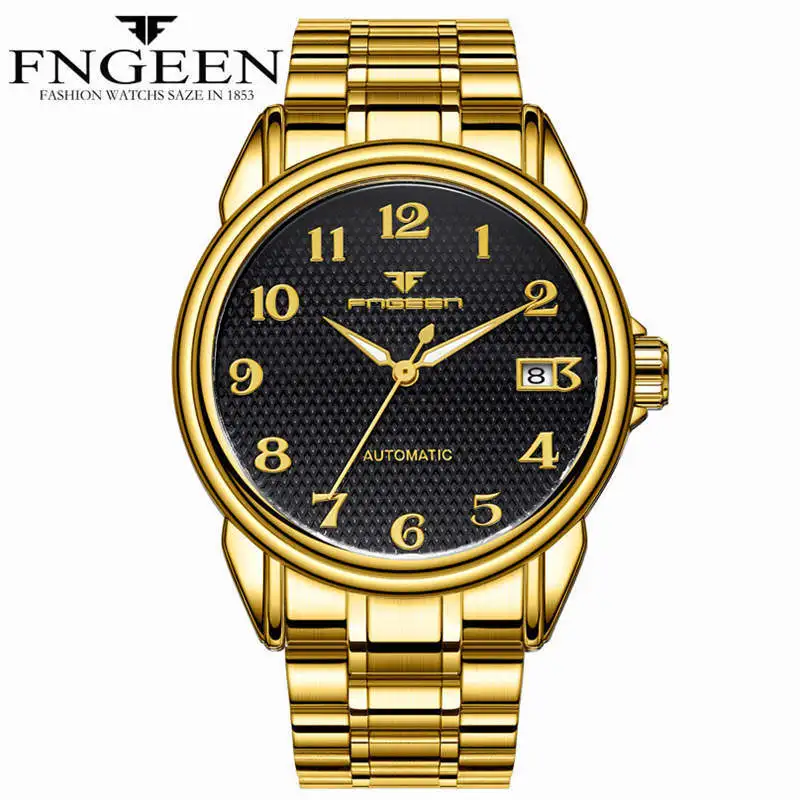 Gold Watch Automatic Mechanical Wristwatch Brand FNGEEN Luxury Men Watches Skeleton Stainless Steel Waterproof Clock Digital Man | Наручные