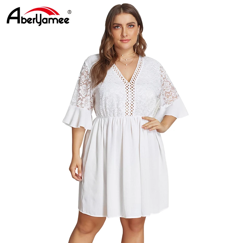 Plus Size Women White Elegant Short Dress 3/4 Sleeve Summer V Neck Vintage Dress for Women Lace Patchwork Sexy Party Vestidos
Plus Size Women White Elegant Short Dress 3/4 Sleeve Summer V Neck Vintage Dress for Women Lace Patchwork Sexy Party Vestidos
