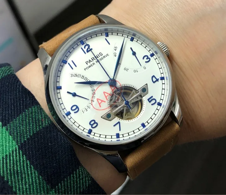 Sapphire crystal 43mm PARNIS white dial power reserve Automatic Self-Wind Mechanical movement men's watch Leather Starps pa94-p8
Sapphire crystal 43mm PARNIS white dial power reserve Automatic Self-Wind Mechanical movement men's watch Leather Starps pa94-p8