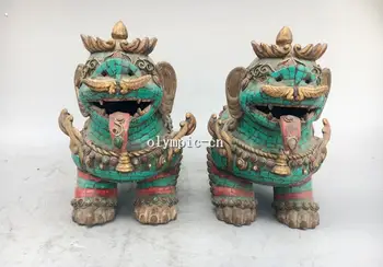 Pair 12'' Bronze Inlay turquoise coral Gem Tibetan buddhism Beast Foo Dogs Lion
Pair 12'' Bronze Inlay turquoise coral Gem Tibetan buddhism Beast Foo Dogs Lion