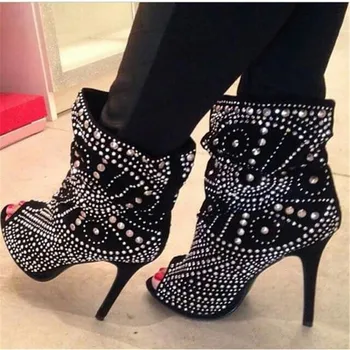 

New Luxury Roman Studded Ankle Boots Women Open Toe Gladiator Summer Sandals Boots Black Booties High Heels Dress Shoes Women