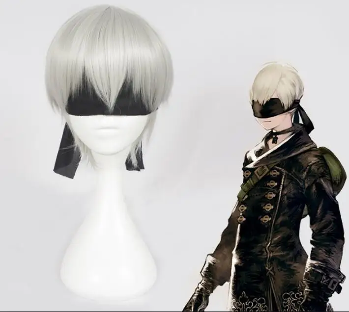 Серебряный парик YoRHa No. 9 модель NieR:Automata 9S для косплея с нашивкой в виде черных глаз