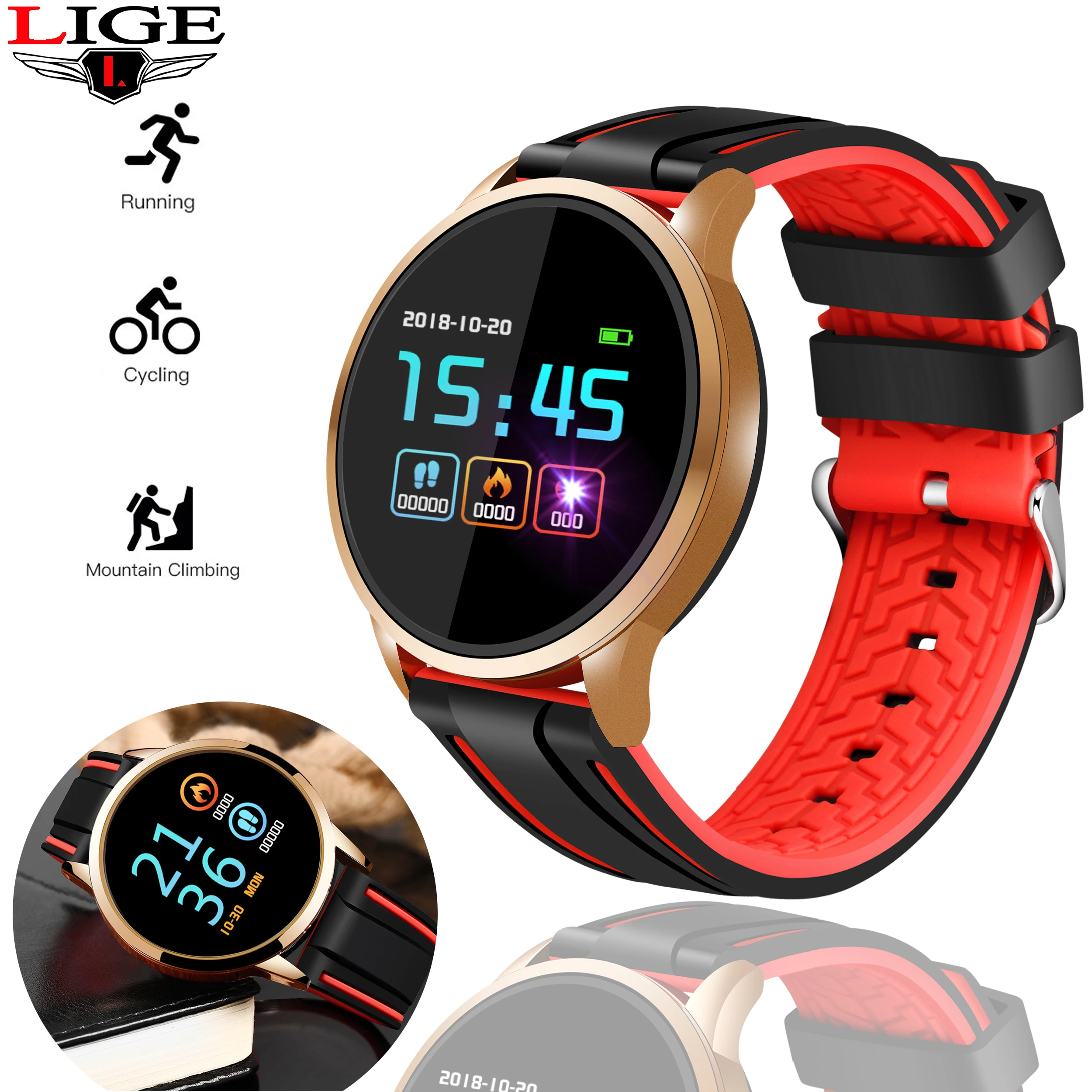 

LIGE Sport Bracelet Depth IP68 Waterproof Smart Watch Blood Pressure Heart Rate Monitor Calorie Pedometer Information Reminder