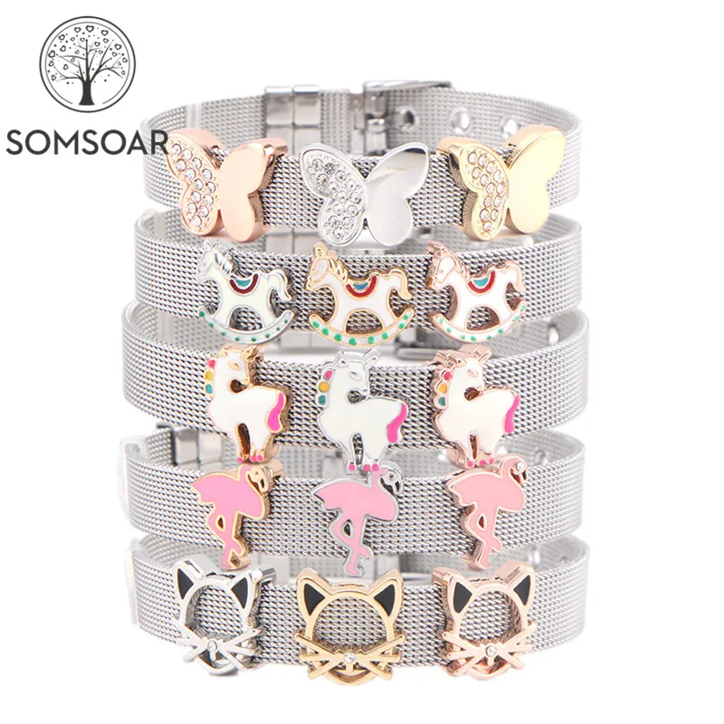 Somsoar Jewelry Lovely Animail Slide Charm Bracelet Stainless Steel Mesh Bangle with silvering/gold/rose gold charm diy | Украшения и
