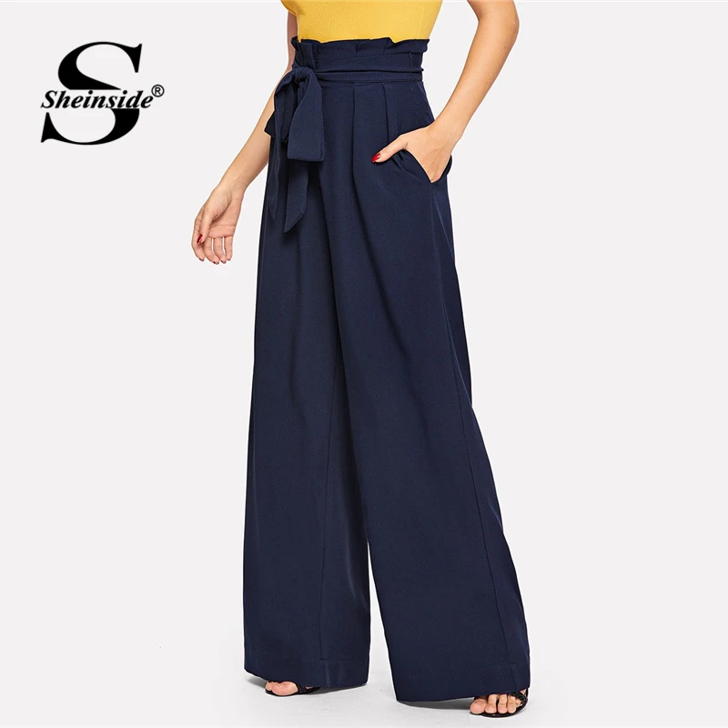 

Sheinside Navy Paperbag Waist Belted Wide Leg Pants Women 2019 Spring High Waist Pleated Maxi Pants Casual Solid Pocket Trousers