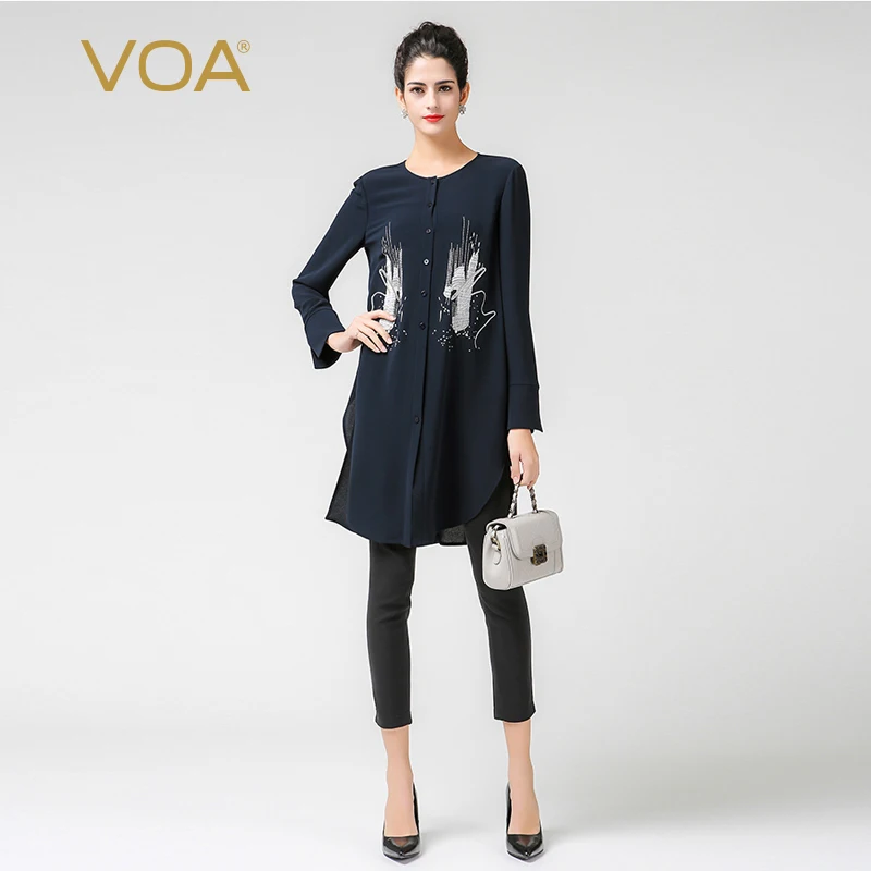 VOA Embroidery Heavy Silk Blouse Women Tops Brief Solid Navy Blue Office Shirt Casual Long Sleeve Spring B7210
VOA Embroidery Heavy Silk Blouse Women Tops Brief Solid Navy Blue Office Shirt Casual Long Sleeve Spring B7210