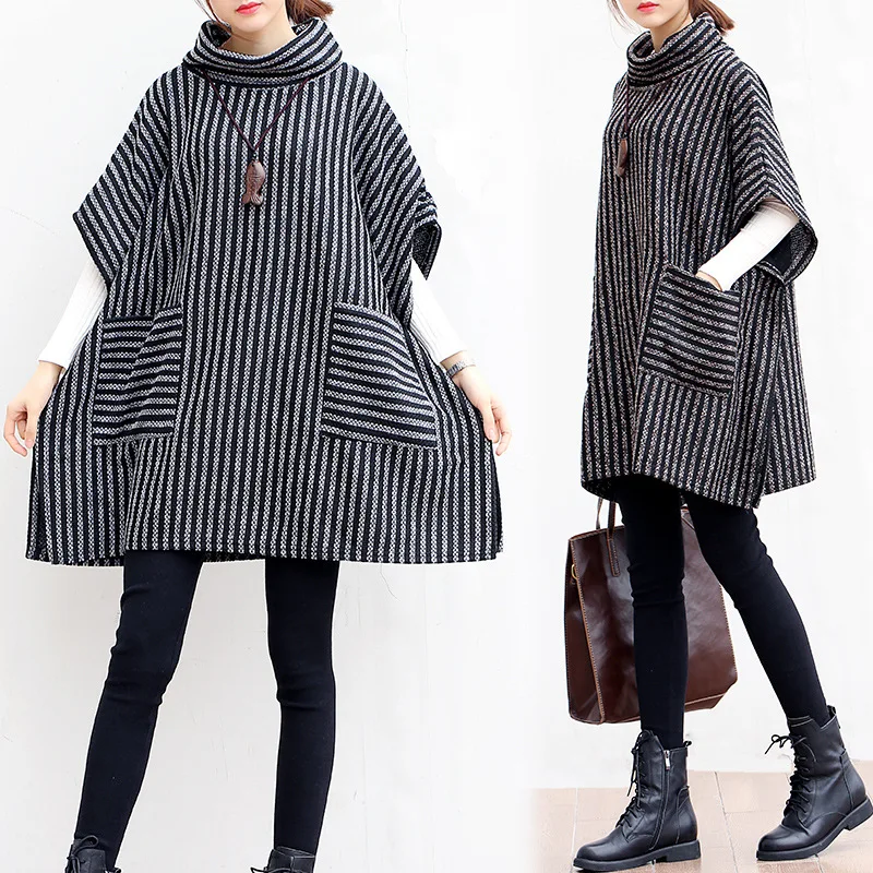 Oversize Spring Autumn Half Sleeve Striped Women Cloak Dress Fashion Loose Plus Size Bat Sleeve Turtleneck Casual Poncho Coat
Oversize Spring Autumn Half Sleeve Striped Women Cloak Dress Fashion Loose Plus Size Bat Sleeve Turtleneck Casual Poncho Coat