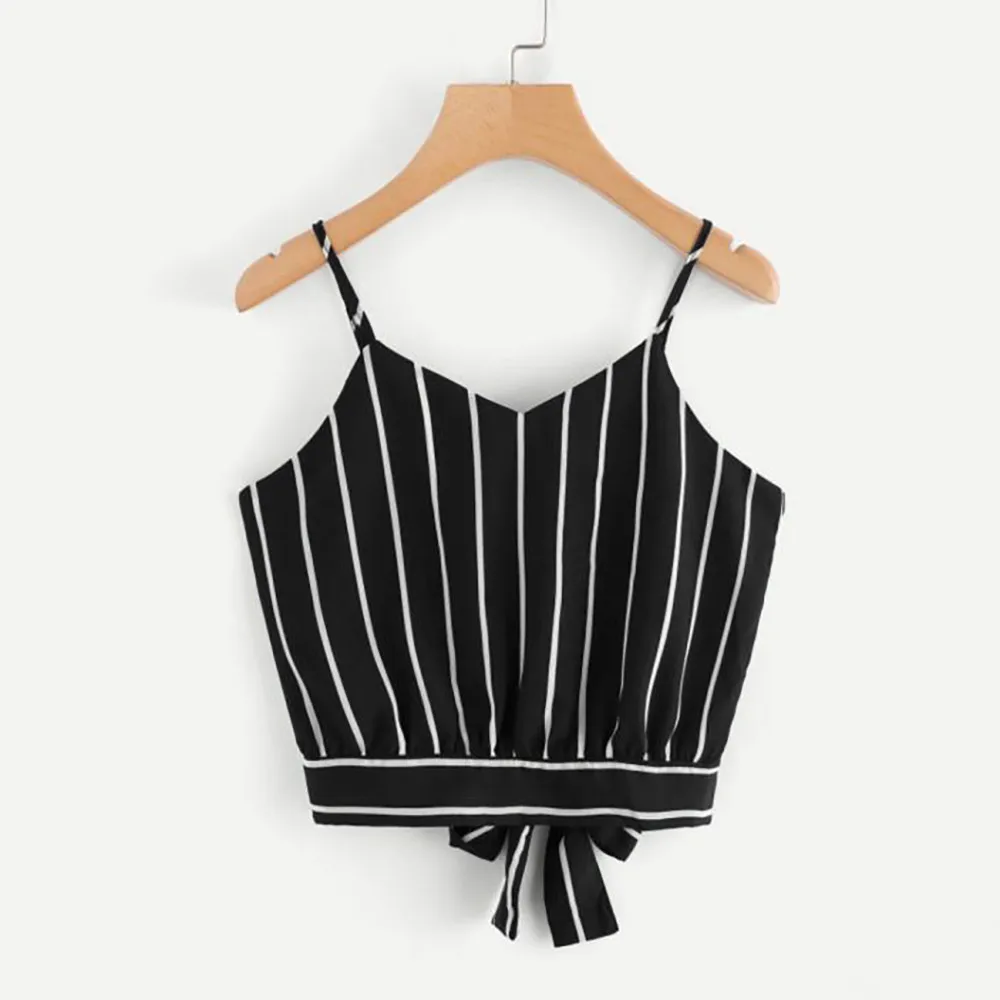 

Feitong Sexy Women Crop Tops Self Tie Back V Neck Striped Crop Cami Cami Casual Spaghetti Strap Cropped Tops cropped feminino