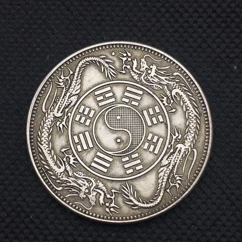 Китайские зарубежные двойные драконы Tongbao Taiji baguas знак серебряная латунная