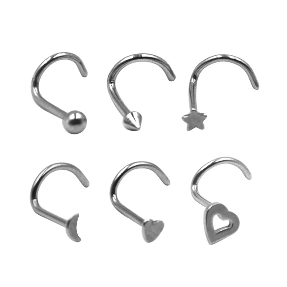 

60pieces Stainless Steel Nose Screw Piercing Nose Stud Rings Body Jewelry Retainers Assorted Ball Spike Moon Heart Star Shapes