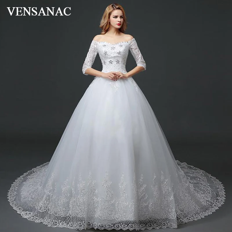 VENSANAC Crystal Boat Neck Bow Ball Gown Lace Wedding Dresses 2018 Sequined Appliques Half Sleeve Court Train Bridal Dress
VENSANAC Crystal Boat Neck Bow Ball Gown Lace Wedding Dresses 2018 Sequined Appliques Half Sleeve Court Train Bridal Dress