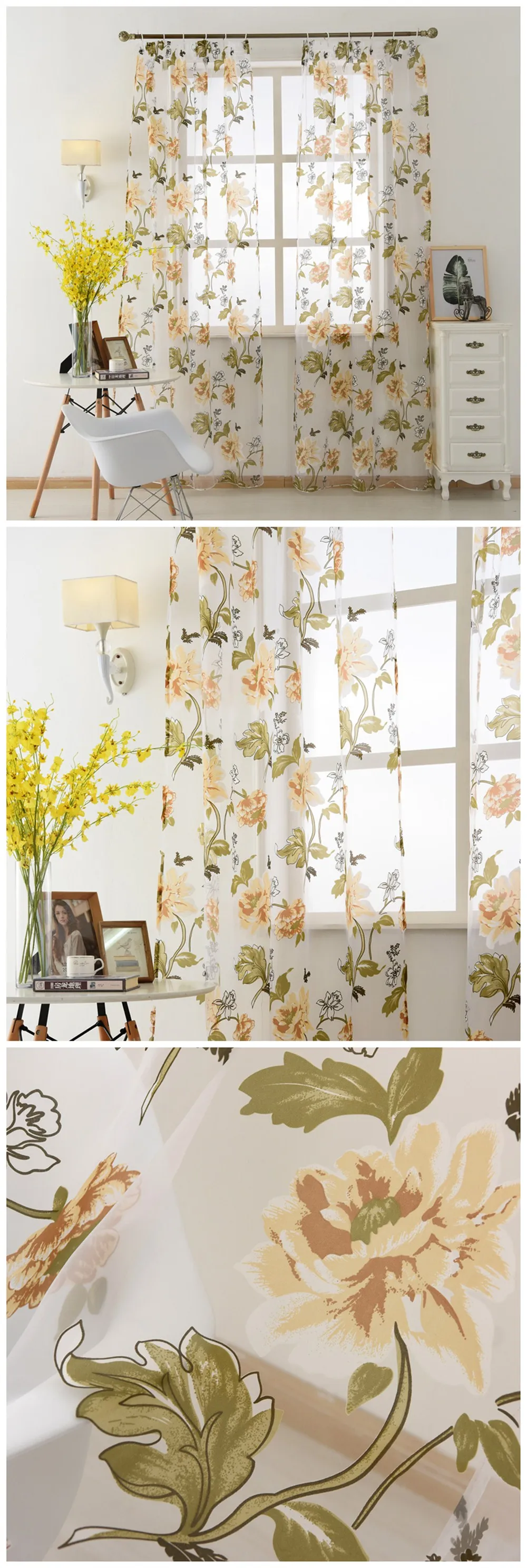 LOZUJOJU Sheer Curtains Floral Pattern Transparent Drop Tulle Pastoral Design Fabric Thread Organza Tape for Living Room Elegant (2)