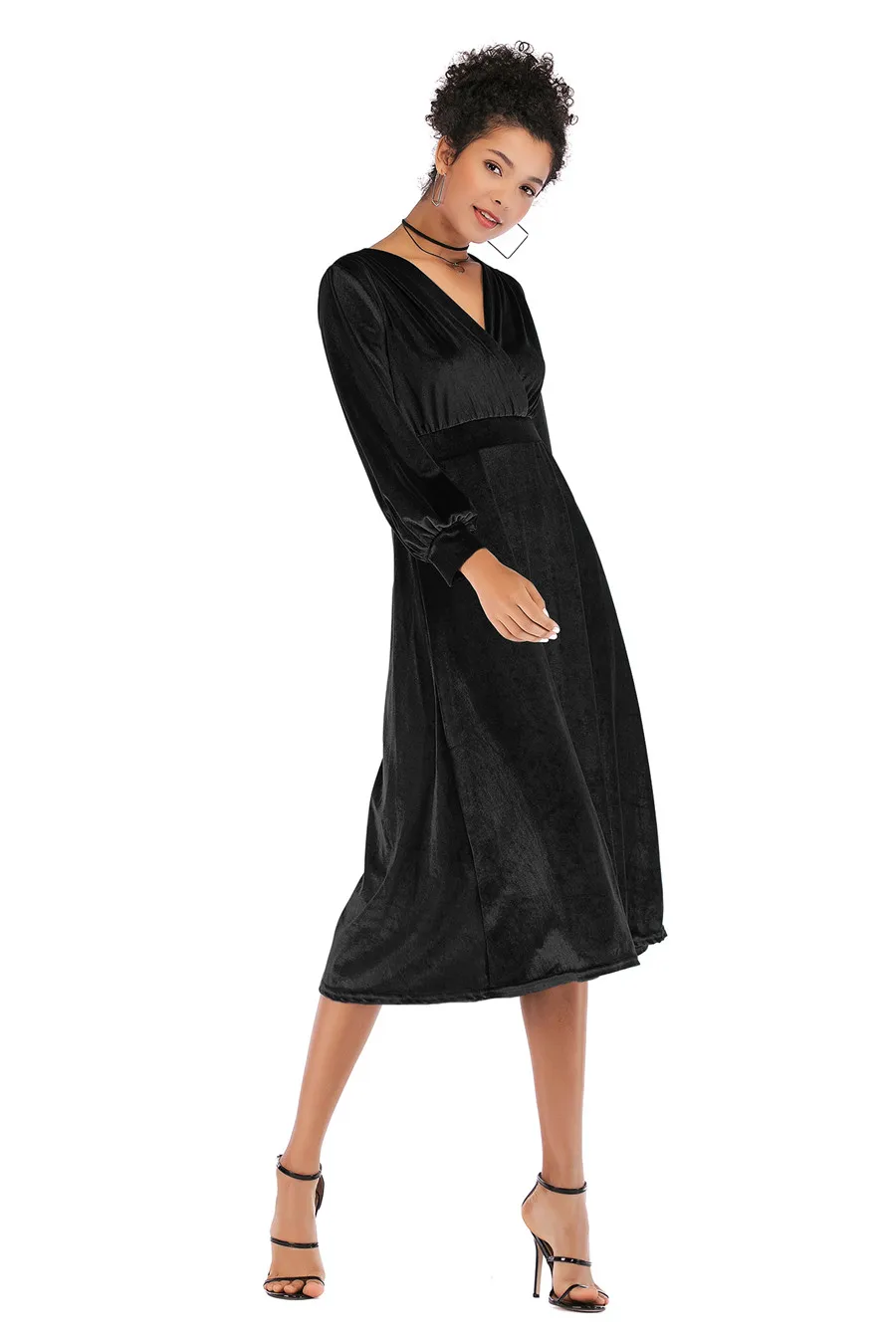Gladiolus 2018 Autumn Winter Dress Women Long Sleeve V-Neck Tunic Swing Midi Sexy Gold Velvet Dress Women Evening Party Dresses (16)