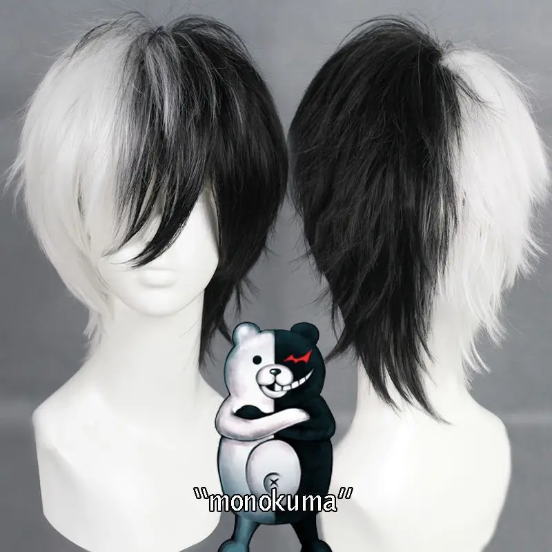 

Anime Game Danganronpa Black and White Bear Wig Cosplay monokuma synthetic short fluffy hair + Wig Cap