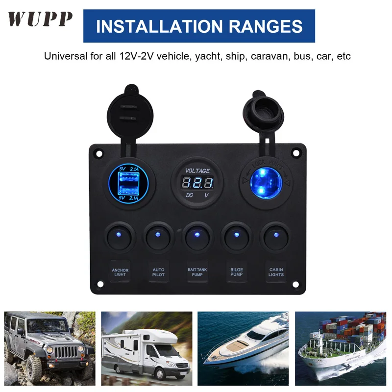 

WUPP 5 Gang Toggle Switch Panel Dual 5V 4.2A USB Charger Car Voltmeter 12V Cigarette Lighter Socket Power Outlet Panel Switch