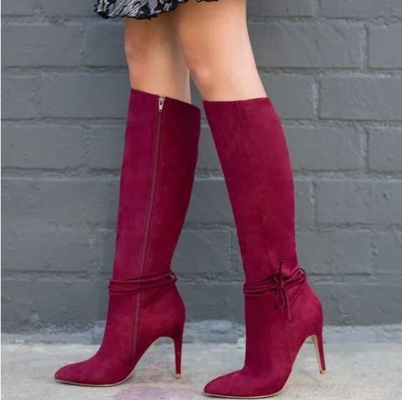 Hot Selling Red Suede Women Knee High Boots Pointed Toe Side Zipper Thin Heels Tight High Boots High Quality Runway Boots
Hot Selling Red Suede Women Knee High Boots Pointed Toe Side Zipper Thin Heels Tight High Boots High Quality Runway Boots