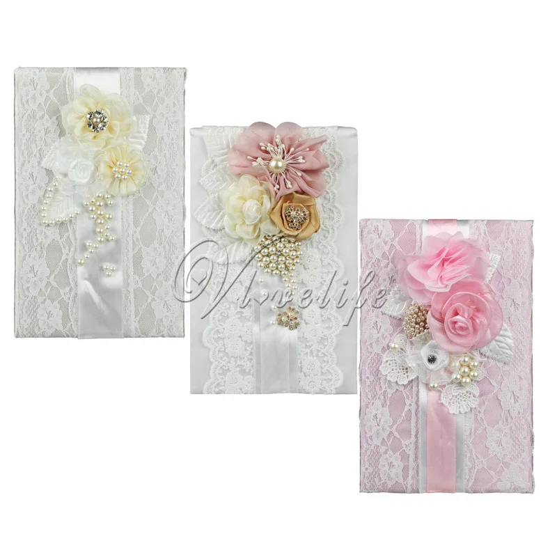

Fashion Wedding Signature Guest Book Colorful Satin Bows Lace Pearl Flowers for Bridal Ceremony Party Supplies