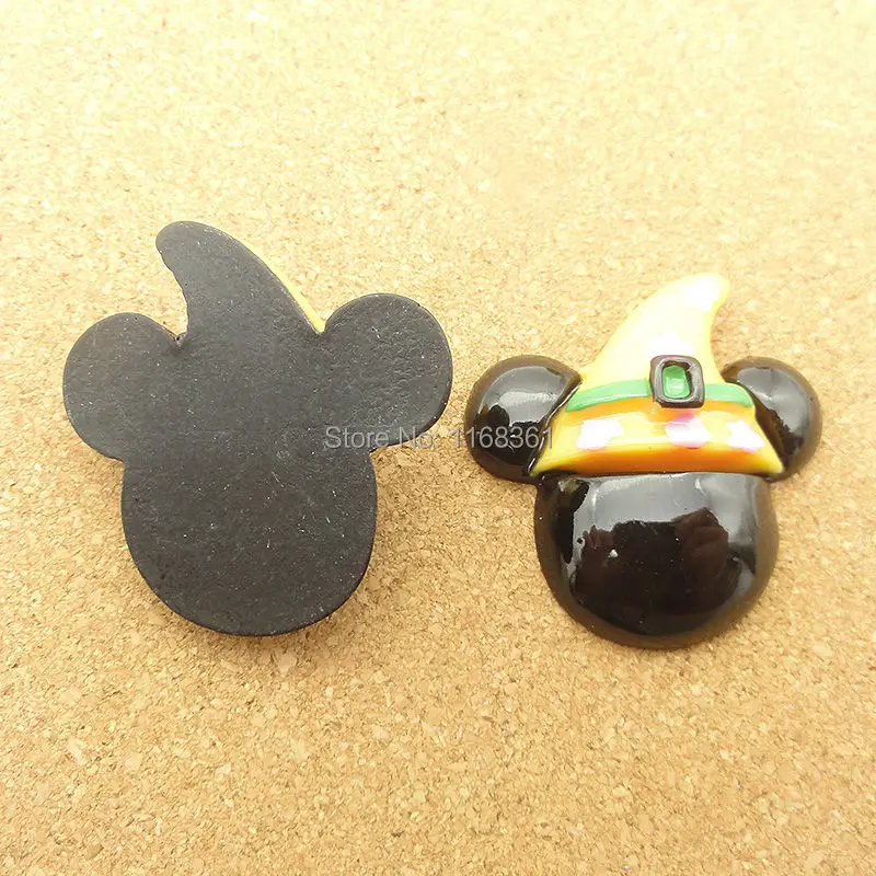 1pcs/lot resin flat back Halloween Mickey with yellow hat 30mm Cabochons Hair Bow Center DIY Christmas decration C118-6