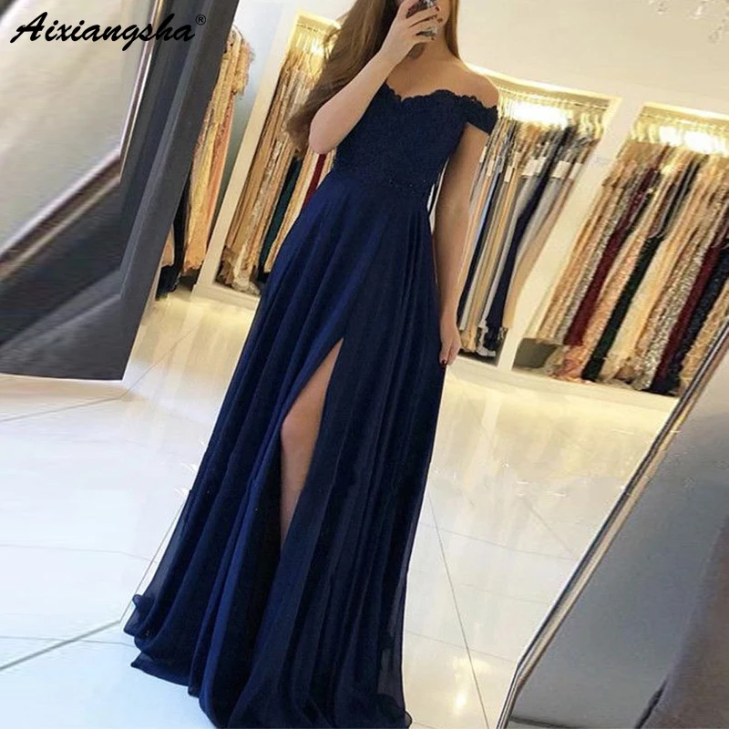 Navy Blue 2019 Prom Dresses Off the Shoulder A-Line Lace Side Slit Sweetheart Chiffon Long Prom Gown Evening Party Dress
Navy Blue 2019 Prom Dresses Off the Shoulder A-Line Lace Side Slit Sweetheart Chiffon Long Prom Gown Evening Party Dress