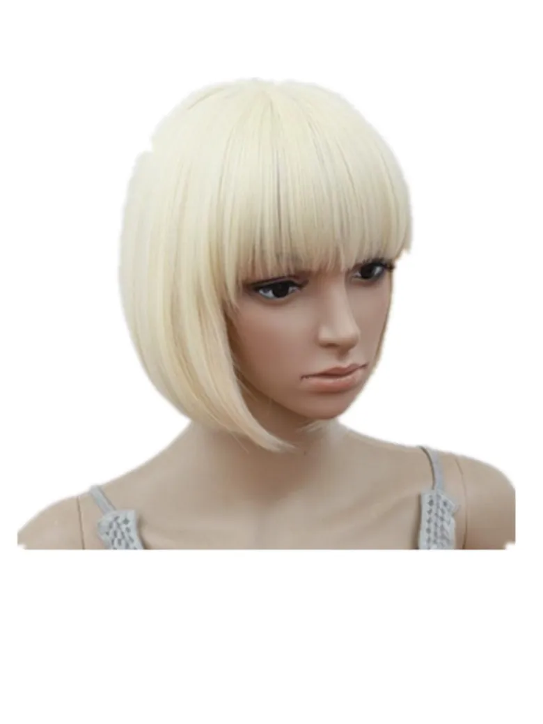 

Blonde Wig Fei-Show Short Wavy Flat Bangs Bob Student Hair Synthetic Heat Resistant Halloween Cos-play Party Salon Hairpiece