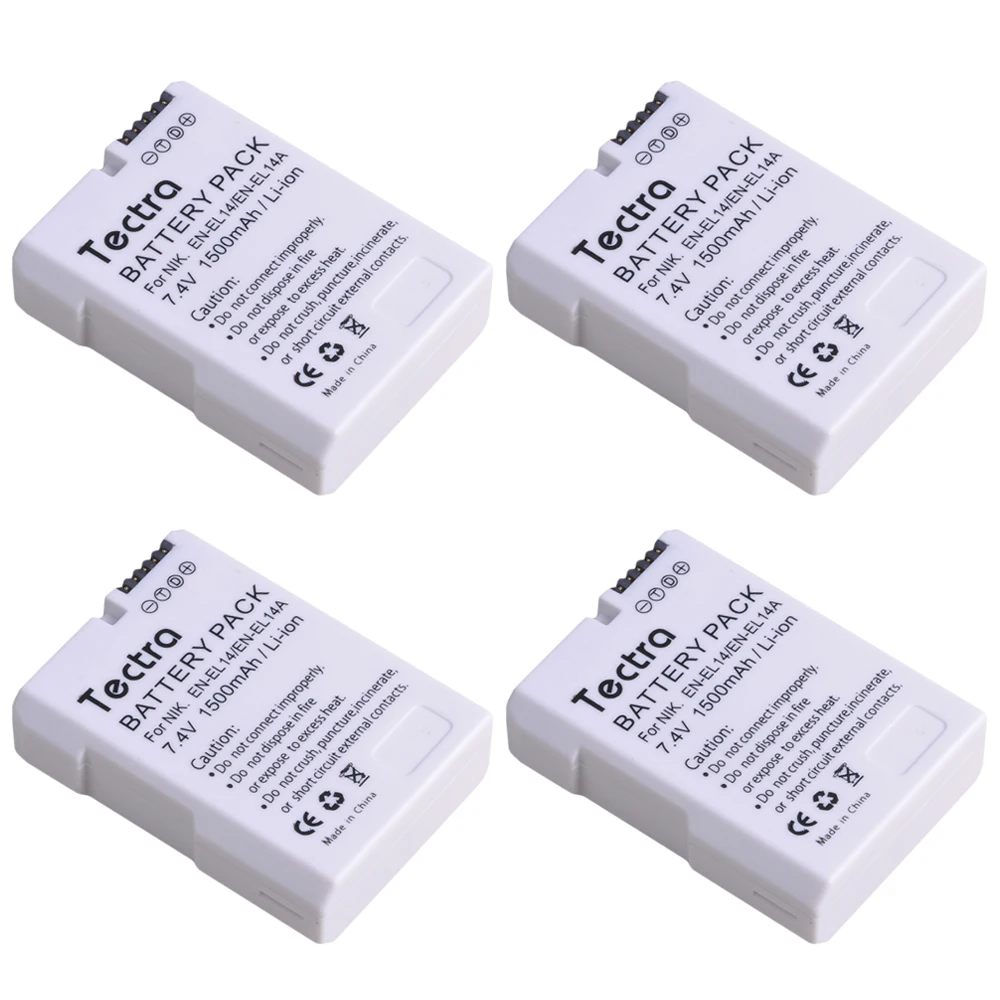 4PCS 1500mAh EN-EL14A EN-EL14 ENEL14 Battery for Nikon D3100 D3200 D3300 D3400 D3500 D5600 D5100 D5200 P7000
4PCS 1500mAh EN-EL14A EN-EL14 ENEL14 Battery for Nikon D3100 D3200 D3300 D3400 D3500 D5600 D5100 D5200 P7000