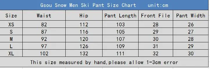 Men Pant size chart