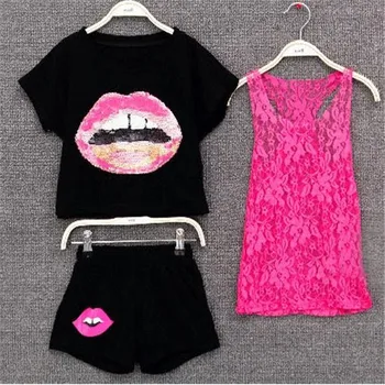 Teen girls suit 2020 summer new 3PCS lace vest + sequin cartoon T-shirt + shorts 5-14 years old girl children clothing
Teen girls suit 2020 summer new 3PCS lace vest + sequin cartoon T-shirt + shorts 5-14 years old girl children clothing
