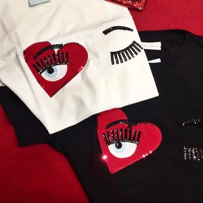 

2019 New Fashion Summer Women T Shirts Chiara Ferragni Red Love Big Eyes Embroidery Sequins Casual Tops maglietta di marca