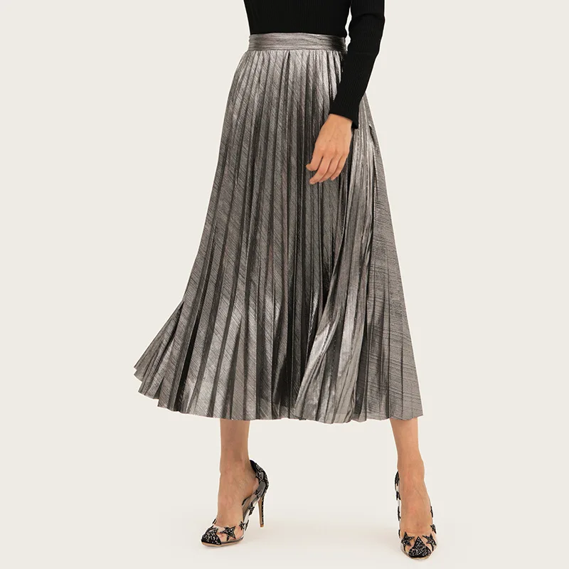 

Fashion Women Silver Gold skirt Bling Lady midi Skirts Elastic High Waist Metallic Pleated Skirt for Party Ladies Saia Fenimias