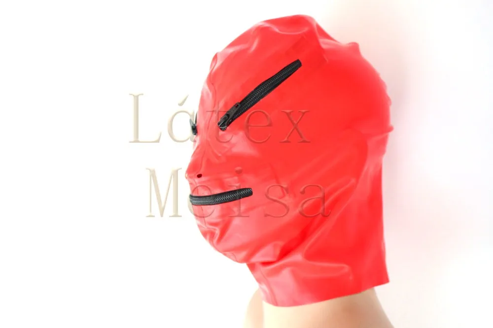 Latex masks adult's rubber hoods attached zipped eyes and mouth in red color with back zip
Latex masks adult's rubber hoods attached zipped eyes and mouth in red color with back zip