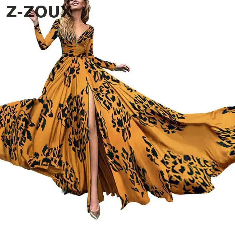 Z-ZOUX Women Dress Deep V Neck Long Sleeve Bohemia Dress Sexy Long Print Floral Maxi Dress Flower Print Split Sexy Floral Dress