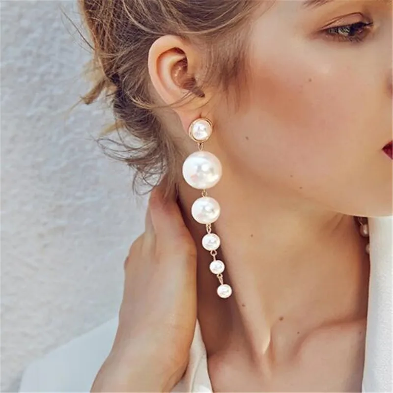 Boucles d'oreilles longues et extensibles pour femmes, imitation de perles, style Boho, Bijoux coréens, vente en gros 4