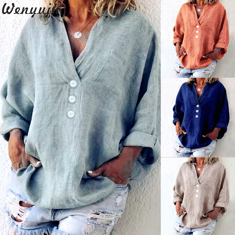 Wenyujh 2019 Autumn Solid Women Shirts Plus Size 5XL Casual V-neck Cotton Blouse Women Long Sleeve Linen Blouses Shirts Female
Wenyujh 2019 Autumn Solid Women Shirts Plus Size 5XL Casual V-neck Cotton Blouse Women Long Sleeve Linen Blouses Shirts Female