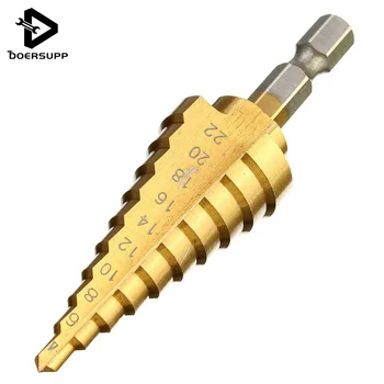 DOERSUPP 1PC Hex Titanium Step Cone Drill Bit 4-22MM Hole Cutter HSS 4241 Wood