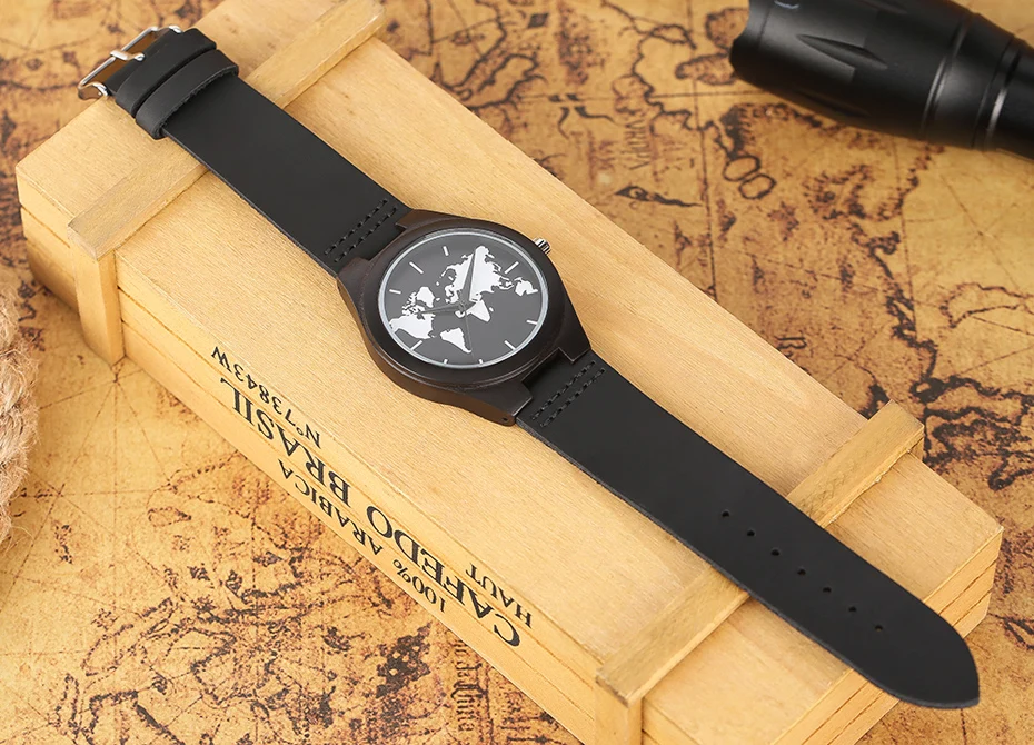 2017 Fashion Nature Ebony Wood Watch Mens World Map Handmade Black Quartz Wristwatch Minimalist Classic Bamboo erkek kol saati (13)