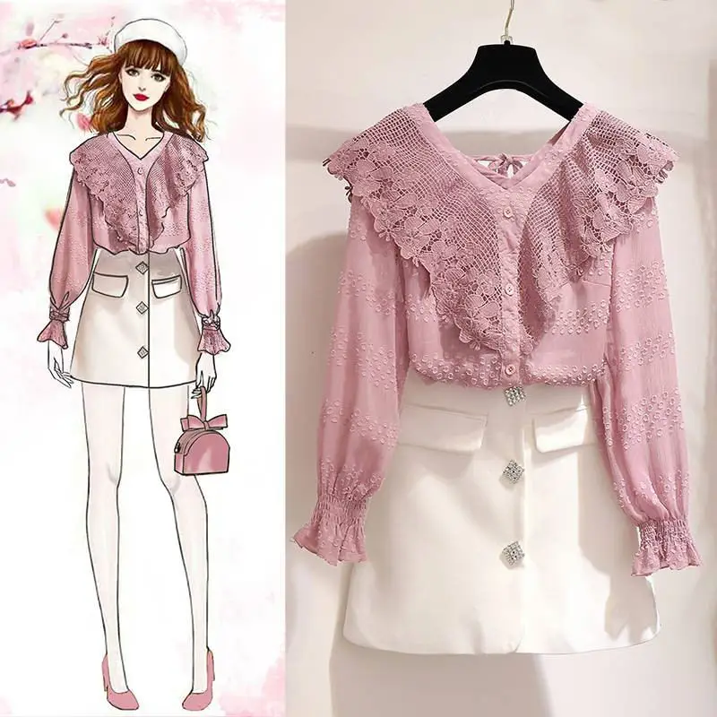 2019 Spring Autumn Women Solid Flare Sleeve Lace Patchwork Shirt+A Line Single Breasted Mini Skirt Suit Female Casual Sets Y37
2019 Spring Autumn Women Solid Flare Sleeve Lace Patchwork Shirt+A Line Single Breasted Mini Skirt Suit Female Casual Sets Y37